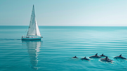 A lone sailboat cruising on a calm turquoise ocean, with a pod of dolphins playfully swimming alongside.