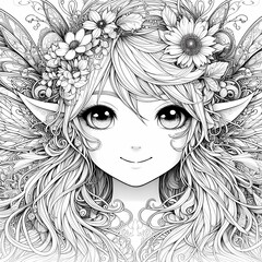 Fototapeta premium Whimsical Fantasy Garden Fairy Coloring Page White Ink, Ultra Cute Portrait