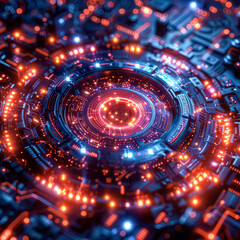 Fototapeta premium A glowing circle with a hole in the middle. The circle is surrounded by a lot of small dots