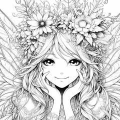 Fototapeta premium Whimsical Fantasy Garden Fairy Coloring Page White Ink, Ultra Cute Portrait