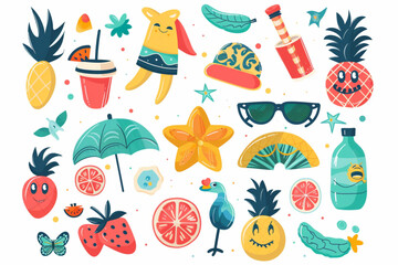 Cute summer characters set set vector icon, white background, black colour icon