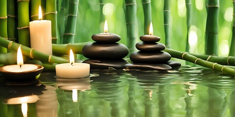 "Tranquil Spa Oasis: Serene Setting with Candles, Flowing Water, and Lush Green Bamboo Background, Zen Style Ambiance"