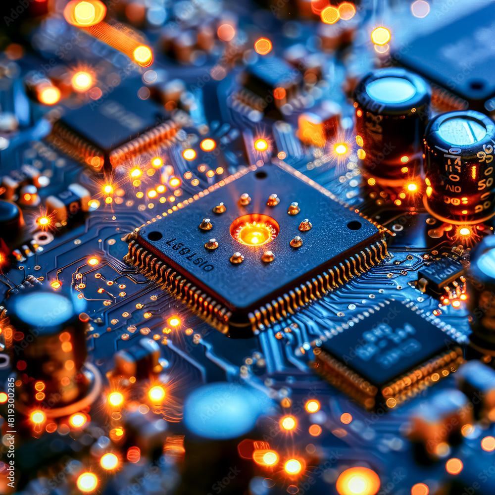 Poster a close up of a computer chip with a light on it. the chip is surrounded by other electronic compone