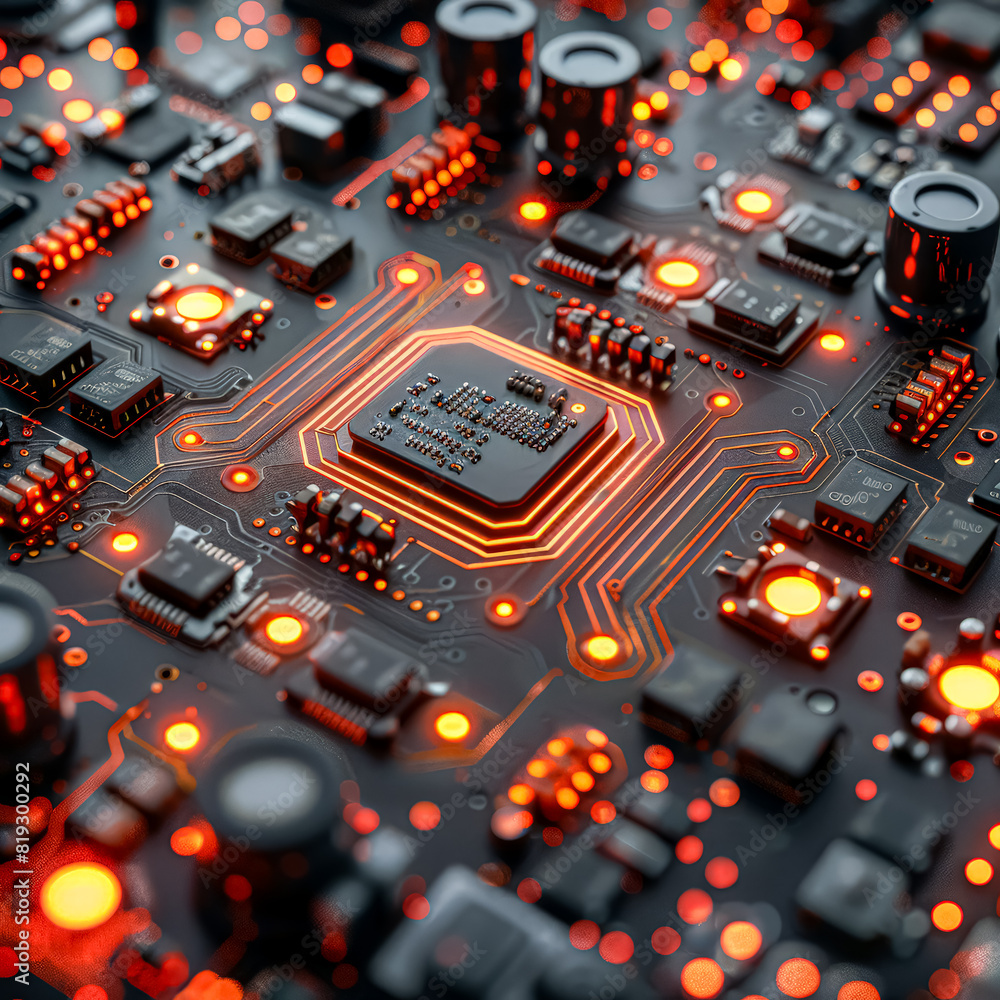 Poster a close up of a computer chip with a light on it. the chip is surrounded by other electronic compone