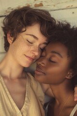 Fototapeta premium Lesbian couple smiling on white background. Young attractive caucasian and african american woman feeling love. Happy lesbian multiethnic couple. Ethnic friends. Freedom and pride LGBT people concept