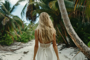 Young woman in white dress walking in tropical forest