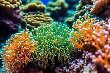 Macro shot of coral polyps and the vibrant marine life