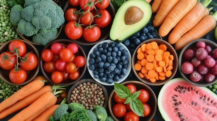   Fresh fruits and vegetables are arranged in a circle on a black surface, including blueberries, broccoli, avocado, tomatoes, and watermelon - Powered by Adobe