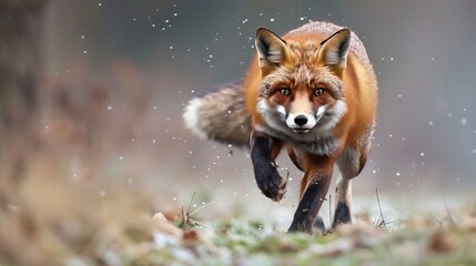 Red Fox hunting,  wildlife scene from Europe. Orange fur coat animal in the nature habitat.