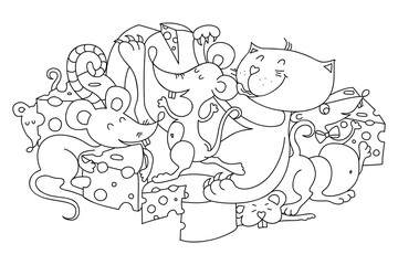 Coloring page. Funny cat and rats among cheeses. Coloring game for kids. Printable education worksheet. Sketch vector illustration.
