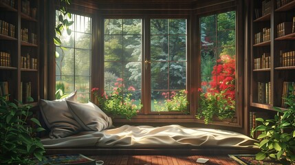 A cozy reading nook nestled beside a large bay window overlooking a serene garden.