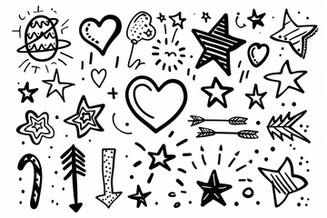 Doodle line cute element set. Arrow, heart, star, etc. set vector icon, white background, black colour icon