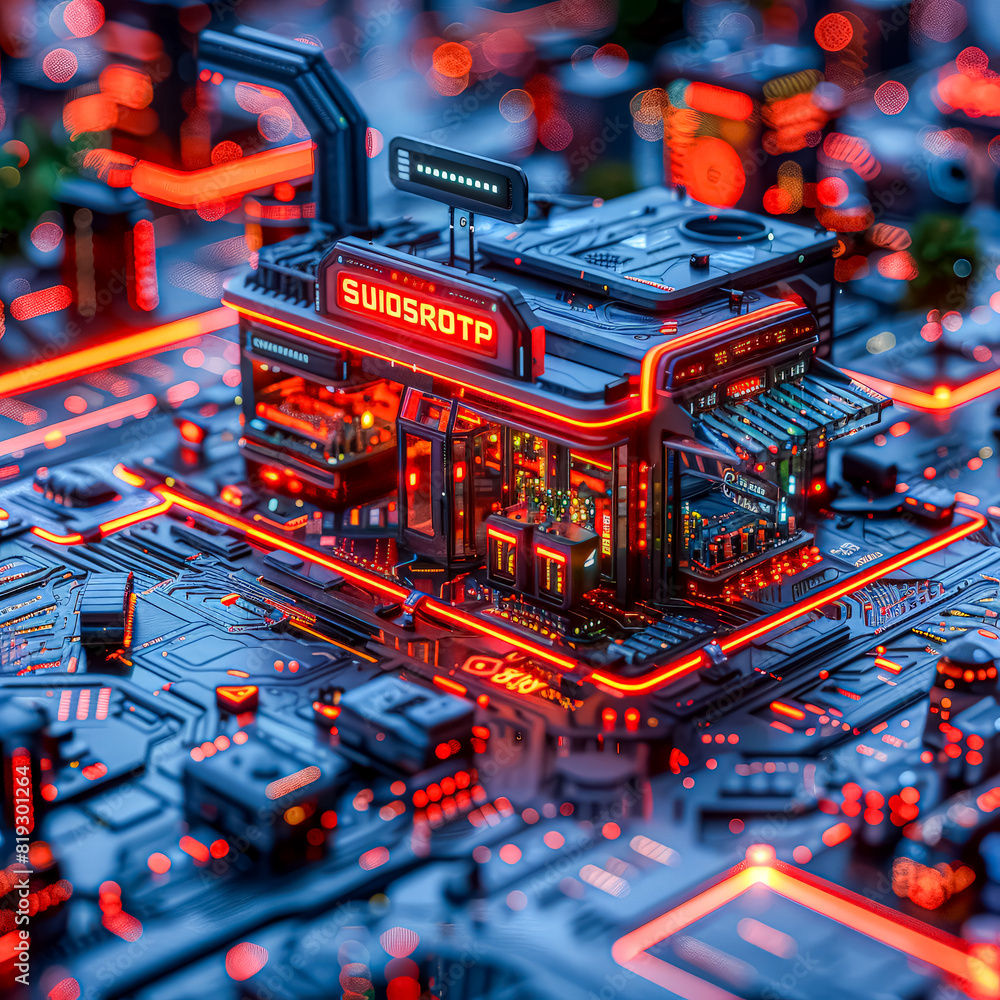 Poster a small building with a lot of lights and a lot of windows. the building is made of electronic compo