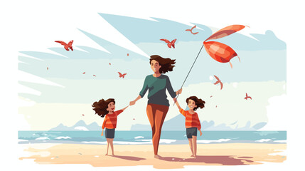 Vector illustration of the young mother flying a ki