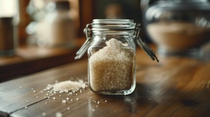  Refined sugar in a glass jar on a wooden table.