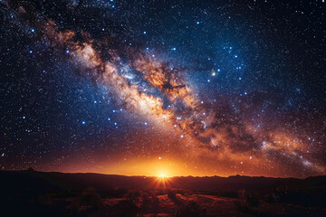 Obraz premium The ethereal glow of the Milky Way cascading through the darkness, a river of stardust spanning the heavens. Concept of galactic splendor. Generative Ai.