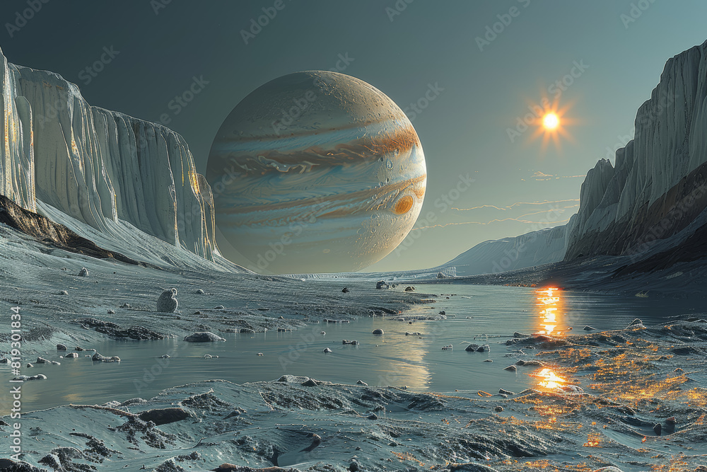 Wall mural the icy plains of europa, jupiter's moon, concealing a subsurface ocean teeming with the potential f