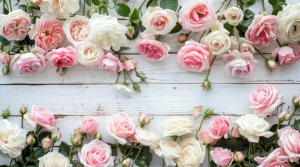 pink and white roses on white wooden background - Powered by Adobe