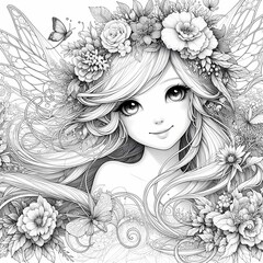 Fototapeta premium Whimsical Fantasy Garden Fairy Coloring Page White Ink, Ultra Cute Portrait