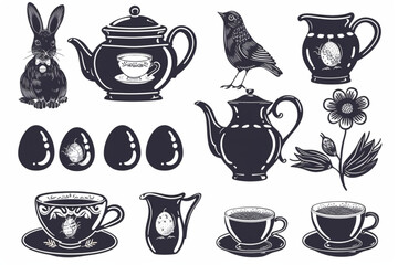 Easter tea party set vector icon, white background, black colour icon