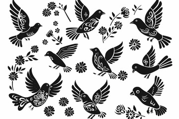 Folk art ornament pattern bird flying high, holding flower in beak isolated vector illustration set set vector icon, white background, black colour icon