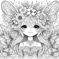 Fototapeta premium Whimsical Fantasy Garden Fairy Coloring Page White Ink, Ultra Cute Portrait