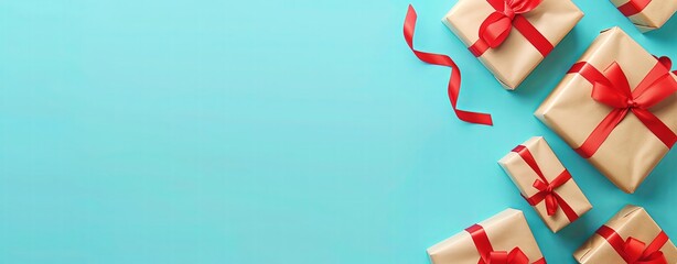 Fototapeta premium Festive background with gift boxes on a turquoise blue table, shown from above. Laid flat with space for text. Concept of Christmas presents. Design for a New Year or birthday celebration banner. Red