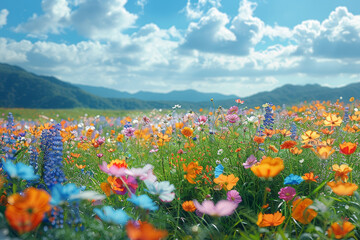 Fototapeta premium A verdant meadow blanketed with a riot of wildflowers, their petals swaying in the gentle breeze like a sea of vibrant hues. Concept of floral abundance. Generative Ai.