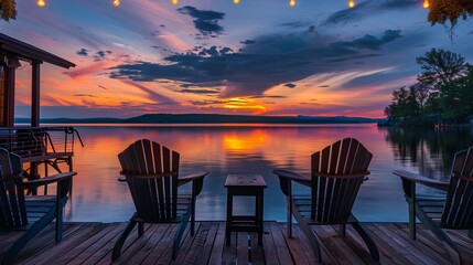 A lakeside cafe terrace with wooden Adirondack chairs and tables, surrounded by still waters reflecting the colors of the sunset sky.