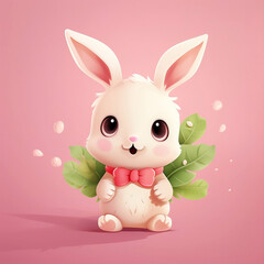 Fototapeta premium Cute cartoon ribbon bunny around the neck on a pink background