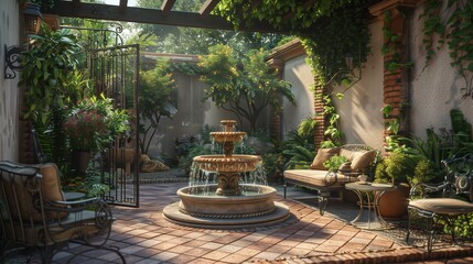 A Mediterranean-inspired patio with terracotta tiles, wrought iron furniture, and cascading vines framing a tranquil fountain centerpiece.