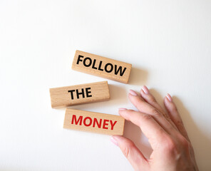 Follow the Money symbol. Concept word Follow the Money on wooden cubes. Businessman hand. Beautiful white background. Business and Follow the Money concept. Copy space.
