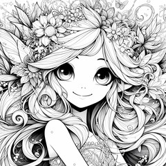 Fototapeta premium Whimsical Fantasy Garden Fairy Coloring Page White Ink, Ultra Cute Portrait