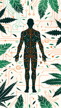 silhouette of the human body with green lines of the endocannabinoid system on a white background