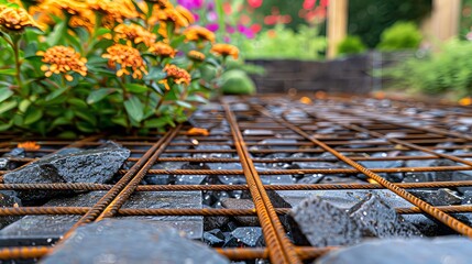 Garden landscape design, steel mesh for stone with Slate and decorative stones and flowers in the background, focus on rusty metal rebar mesh between the slabs, detailed closeup of construction elemen