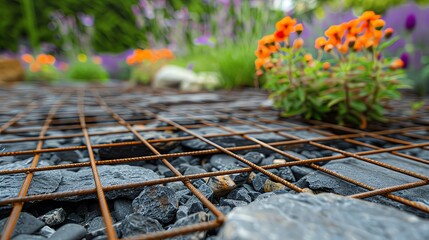 Garden landscape design, steel mesh for stone with Slate and decorative stones and flowers in the background, focus on rusty metal rebar mesh between the slabs, detailed closeup of construction elemen