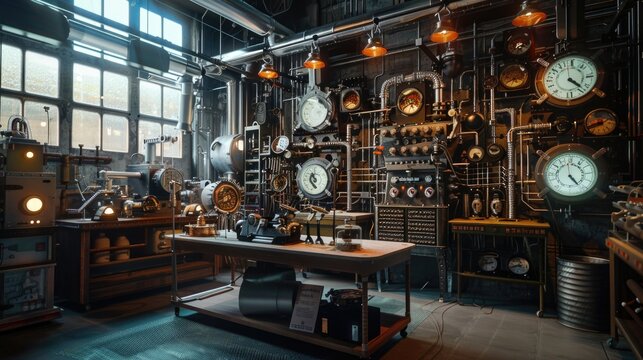 Retro-futuristic steampunk fantasy. Electronic laboratory with spark coil machines