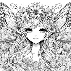 Whimsical Fantasy Garden Fairy Coloring Page White Ink, Ultra Cute Portrait