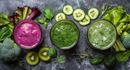 Various Green Smoothies on Dark Background