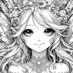 Whimsical Fantasy Garden Fairy Coloring Page White Ink, Ultra Cute Portrait