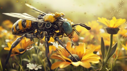Robot bees pollinating flowers
