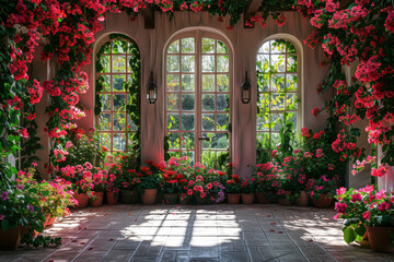 Fototapeta premium A sunlit garden pavilion adorned with climbing vines and fragrant blooms, where the tranquility of nature fosters creative thought. Concept of botanical inspiration. Generative Ai.