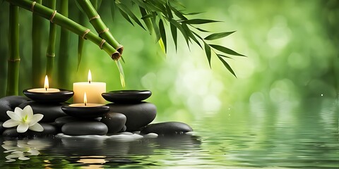 "Tranquil Spa Oasis: Serene Setting with Candles, Flowing Water, and Lush Green Bamboo Background, Zen Style Ambiance"