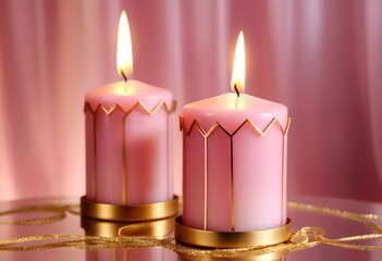 Matellic colour candle decoration with golden lines along elegant candle out of focus background behind luxrious transparent celebrations
