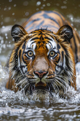 animal by ai // tiger in the water, beautiful eyes, open mouth, looking into camera, splashing ripples, majestic, photorealistic // ai-generated 