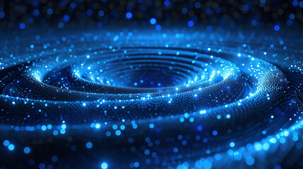 Abstract blue glowing spiral of digital particles and dots on dark background, 