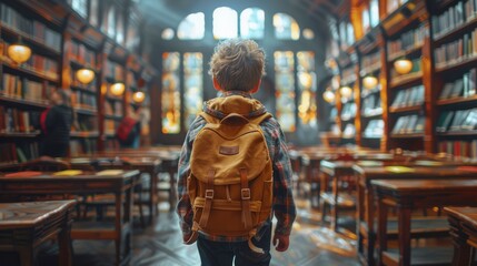 Obraz premium Boy Standing in Library With Backpack