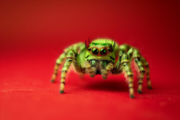 animal by ai // undiscovered new species, green jumping spider with big eyes on red background, closeup, photorealistic // ai-generated 