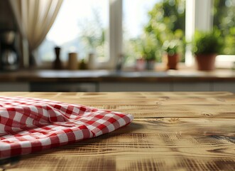 Red and White Checkered Cloth on Wooden Table