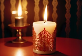 Matellic colour candle decoration with golden lines along elegant candle out of focus background behind luxrious transparent celebrations